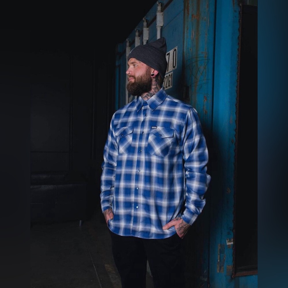 Dixxon‎ | Blue Plaid Deluxe Button Up Flannel Shirt | Arm Patch Polaris | Medium